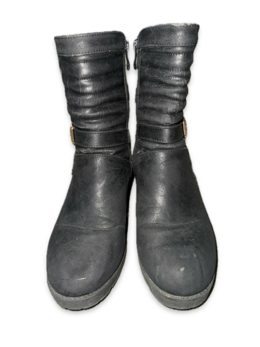 TOP MODA BLACK FAUX LEATHER MOTO CHUNKY BLOCK HEEL BOOTS SIZE 8